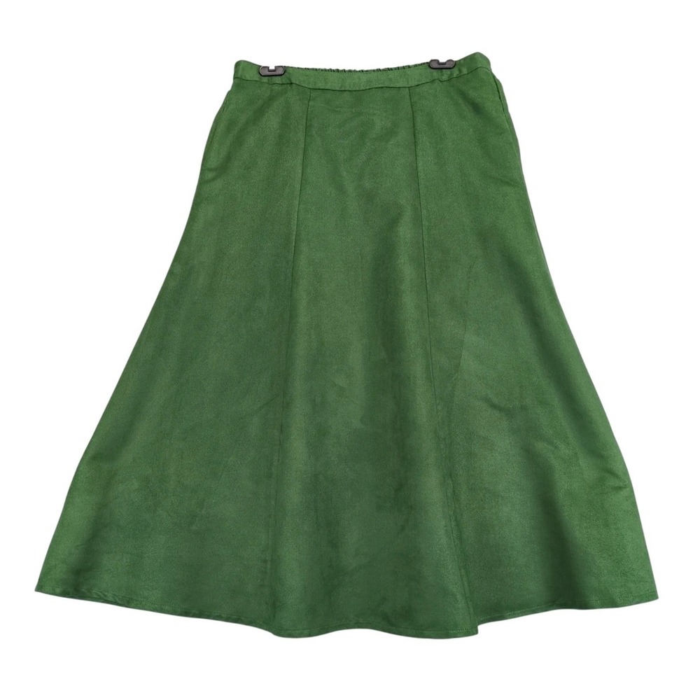 Vintage National Green A-Line Midi Skirt Sz L Faux Suede Elastic Waist Y2K Boho
